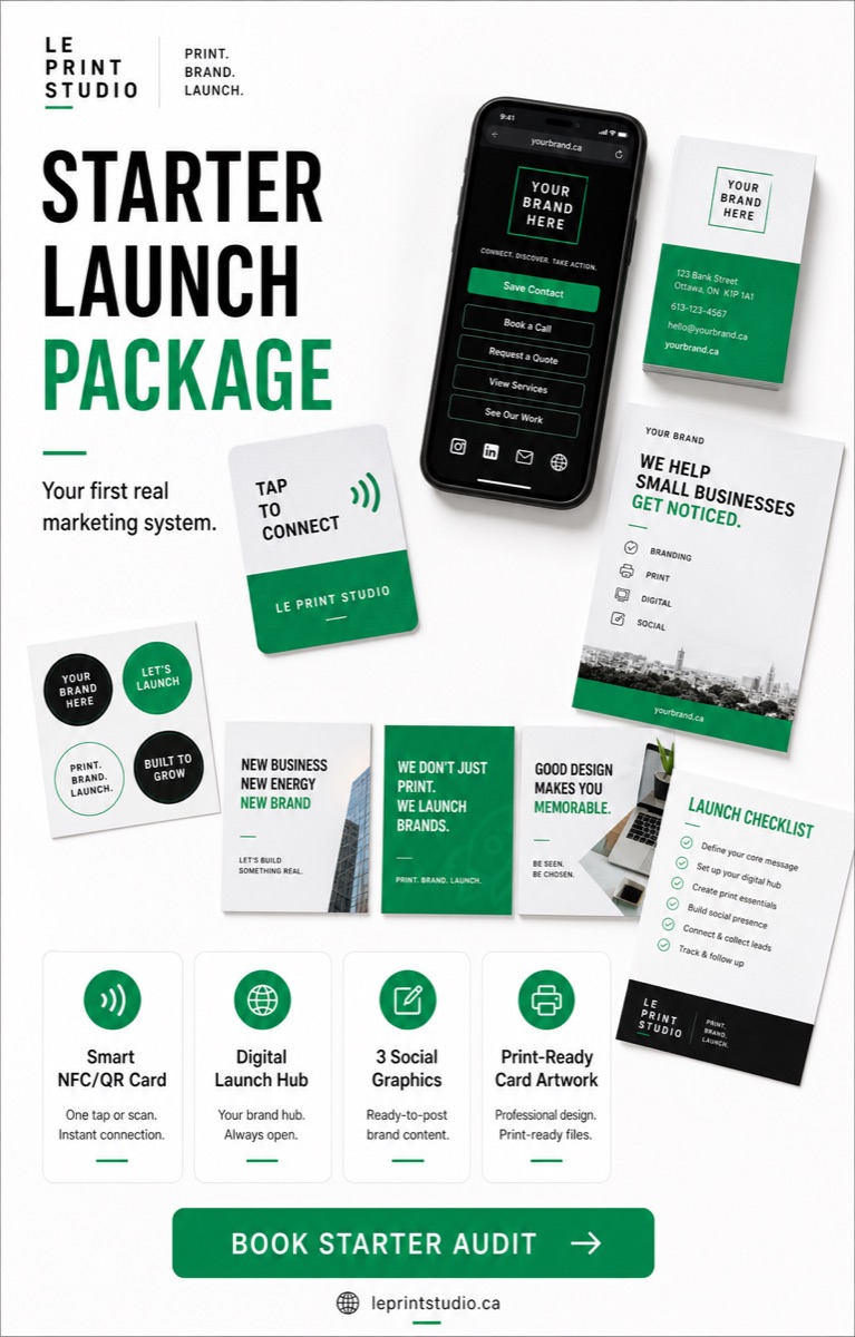 Starter launch package with smart card, digital hub, brand cards, and launch graphics